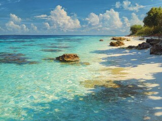 Vibrant Tropical Beach Clear Turquoise Ocean Shimmering Water Sunlight Dappled Shadows White Sand Rocky Coastline Green Trees