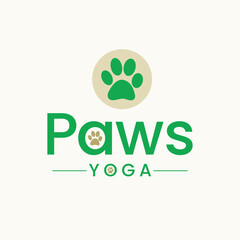 Paws Yoga Logo with Green Paw Print and Text on Cream Background Keywords: logo, paws yoga, animals, pets, dogs, cats, wellness, health, fitness, relaxation, meditation, studio, class, green