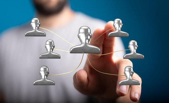 Hand touching network of people symbols, representing teamwork, communication, and human connections. Illustration of digital society and global - Powered by Adobe