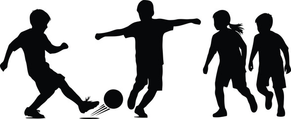 Silhouette of children playing soccer on a white background.