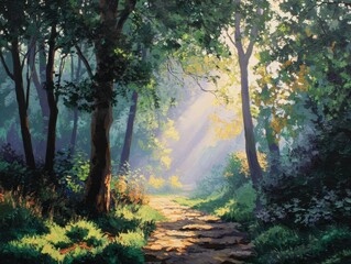 Impressionistic Sunbeams Woodland Path Painting Vibrant Light Rays Through Forest Trees Textured Artistic Depiction of Nature's Illuminated Trail