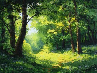 Oil Painting Forest Sunlight Green Trees Woodland Path Bright Foliage Summer Landscape Nature Art Serene Wood Clearing Peaceful Scenery