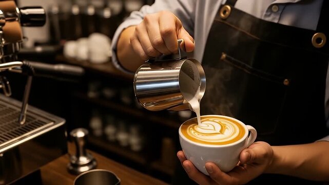A skilled barista meticulously pours perfectly steamed milk from a shining metal pitcher into a white ceramic cup, creating beautiful latte art with a heart design on the rich brown coffee surface. Wi