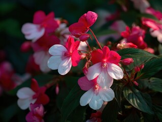 Impatiens Flowers Cluster Pink White Blossoms Lush Green Leaves Macro Garden View Floral Beauty Bright Petals Natural Plant Photography