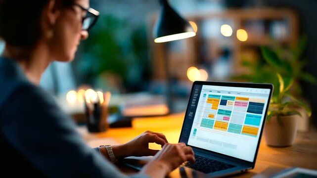 Faceless over shoulder view of a person editing a slide deck on a laptop gridlines visible brand safe placeholders desk lamp glow background bookshelf and plant defocused comp
