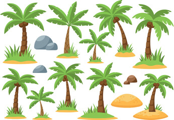 Obraz premium Cartoon palm trees. Tropical cartoon palm and banana trees with grass, rocks, and sand islands. Exotic summer landscape elements for vacation, travel, nature scenes. Flat colorful vector set.