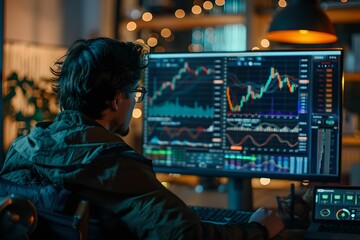 Male financial analyst in casual attire, focused on analyzing stock market data on a large monitor, surrounded by warm lighting and modern workspace elements, illustrating data-driven decision making