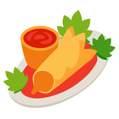 Thai Spring Rolls with Sweet Chili Sauce Vector Illustration 
