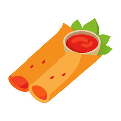 Thai Spring Rolls with Sweet Chili Sauce Vector Illustration 