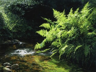 Bright Green Ferns Overhanging a Rushing Forest Stream Dappled Sunlight on Water and Foliage Lush Woodland Setting Nature Scene