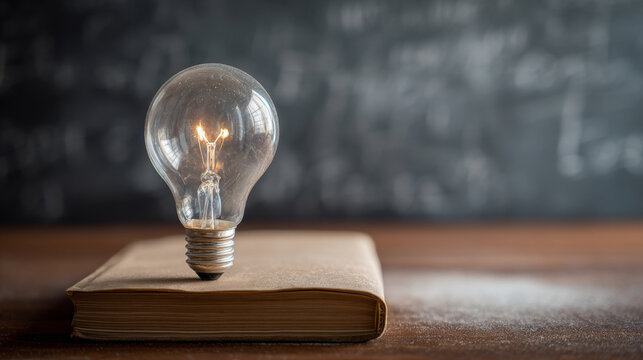 A light bulb is sitting on top of a book, with chalkboard in the background