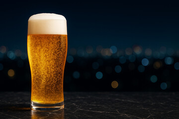 グラスに注がれたふわふわの泡と生ビール　夜の背景