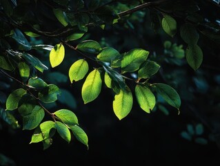 Radiant Green Leaves Illuminated by Sunbeams Against Dark Background, Fresh Foliage Glowing in Shady Environment, Botanical Display