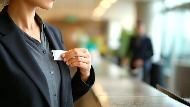 Faceless back view of a person pinning a visitor badge to a blazer reception desk and signage defocused clean neutral tones negative space on left faceless event badge recept
