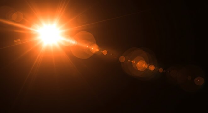Bright orange sun flare with lens effect on a dark background, symbolizing energy, power, and a new beginning - Powered by Adobe