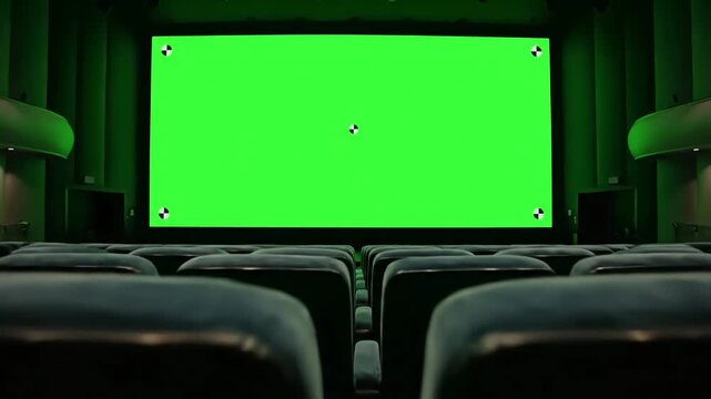 Green Screen beautiful wide in cinema hall moving through over the seats 3d animation with lights and tracking points art technology concept 4k ultra hd 3840x2160 scene 4 distortion, overlay, glitch