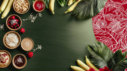 Banana bowl breakfast with tropical leaves and red pattern, fresh fruit and bowls creating warm