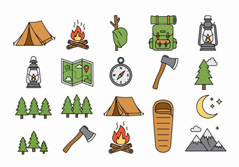 Camping Adventure Icons Set A Collection of Outdoor Recreation Gear and Symbols Including Tents Campfires Backpacks and Lanterns