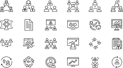 Business organizational chart icons and team collaboration graphics for corporate structure and workflow management illustrations