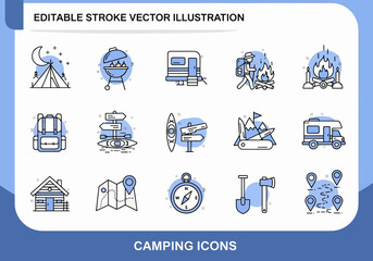 Camping Icons Set Editable Stroke Vector Illustration Collection Outdoor Adventure Activities And Equipment