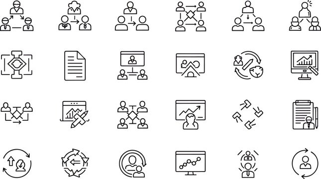 Business organizational chart icons and team collaboration graphics for corporate structure and workflow management illustrations
