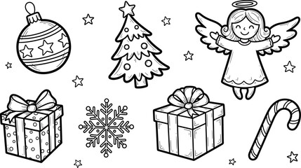 Christmas Hand Drawn Sketch Elements Collection, Including Angel, Tree, Gift Box, Ornament, Candy Cane, Snowflake