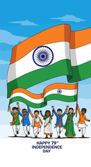 Children Celebrating India's 79th Independence Day Holding National Flags With Vibrant Colors Against A Blue Sky