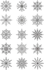Collection of 15 Unique Snowflake Illustrations in Vector Format, Intricate Designs for Winter Themes and Holiday Decorations