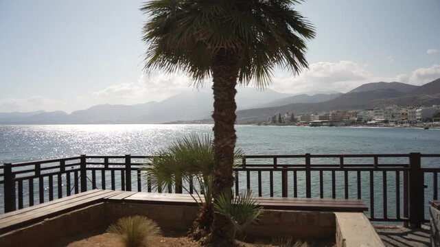 View of sea, coastline and Paralia Limena Chersonisou Beach in Limenas Chersonisou, Crete, Greek Islands, Greece, Europe