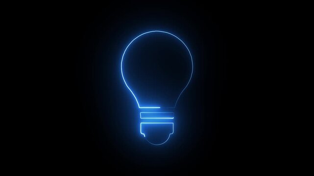 Neon Glowing light bulb icon with animation on black background. Energy idea, Electric neon bulb icon and black background. 