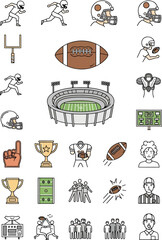 Collection of American Football Icons and Symbols including players, stadium, ball, helmet, trophy and referee