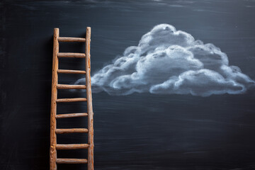 Wooden ladder leaning against a chalkboard with a cloud drawn in white chalk