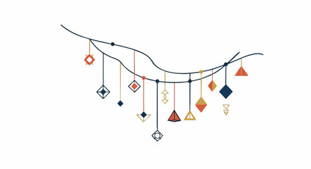 Elegant bohemian-inspired garland illustration with diverse geometric pendants hanging from a delicate line, ideal for festive and decorative graphic design.