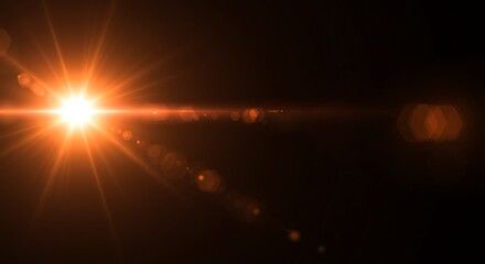 Bright orange lens flare effect with starburst and bokeh highlights against a dark background, abstract light