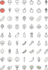 Collection of assorted fresh vegetables and fruits in a diverse pattern, clean outline icons for healthy eating and organic produce