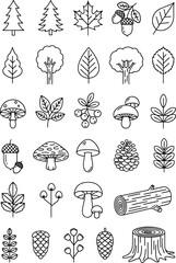 Collection of Autumn Forest Elements Icons Set Vector Outline Style Trees Leaves Mushrooms Pinecones Acorns And Wood Log