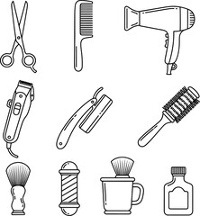 Collection of Barber Shop Tools and Accessories Isolated on White Background, Hairdressing Equipment Icons Set