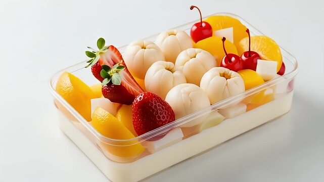 A vibrant and refreshing fruit dessert is beautifully presented in a clear rectangular container, showcasing an appetizing array of fresh ingredients. The base layer consists of a creamy, light puddin