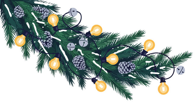 A beautifully illustrated festive fir branch adorned with glowing string lights, frosted pine cones, and delicate silver bells, evoking the spirit of winter holidays.