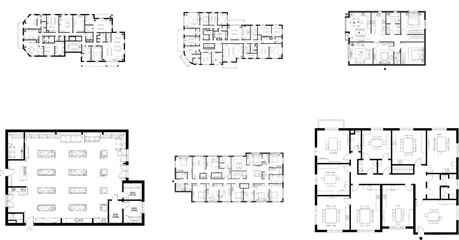 Collection of six different floor plans for apartments or houses
