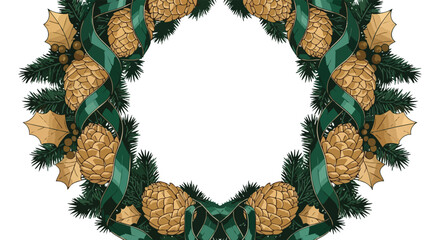 A festive, elegantly illustrated wreath, adorned with lush green fir branches, shimmering golden pinecones, and a stylish green plaid ribbon, ideal for holiday designs.