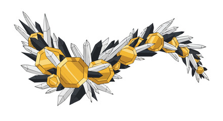 A luxurious decorative element illustration, featuring sharp black and white crystals and shiny golden geometric shapes, forming an elegant abstract design.
