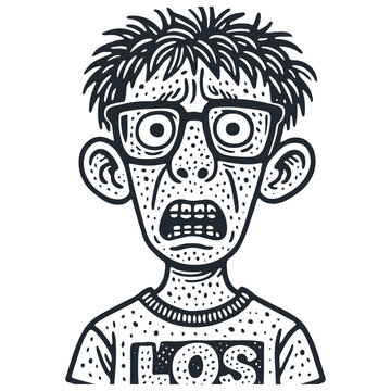 A caricature of a shocked or disgusted nerdy teenager with acne and braces. Vector illustration in a classic black and white comic or woodcut art style.