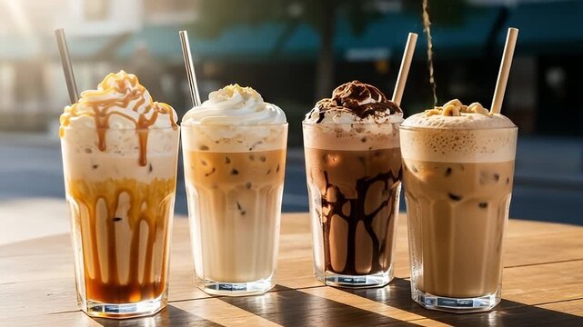 A vibrant array of four indulgent, cold beverages sits on a rustic wooden table outdoors, bathed in warm, dappled sunlight. Each tall glass features distinct layers of iced liquid, topped generously w