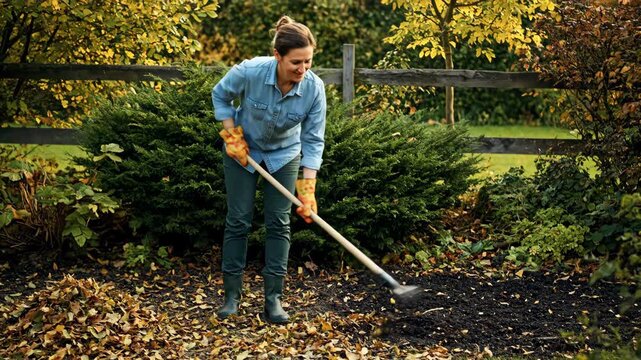 Woman in denim shirt and gloves raking autumn leaves in a lush garden with wooden fence and green shrubs during daytime, showcasing seasonal gardening work and outdoor maintenance: daytime