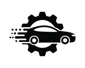 Automotive car service and repair icon with moving vehicle and gear symbol graphic