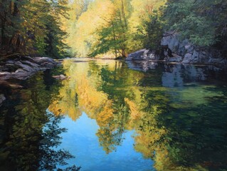 Autumn Creek Reflections Painting Vibrant Fall Foliage Along Rocky Riverbank Calm Water Serene Wilderness Landscape Art