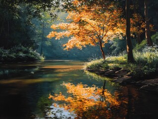 Impressionistic Autumn River Oil Painting Single Radiant Tree Golden Foliage Water Reflection Lush Forest Background Seasonal Art