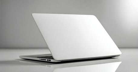 A sleek, modern laptop is open and sitting on a reflective surface with its screen facing away from the camera. The image has a monochromatic color scheme