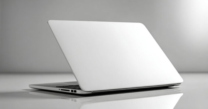 A sleek, modern laptop is open and sitting on a reflective surface with its screen facing away from the camera. The image has a monochromatic color scheme